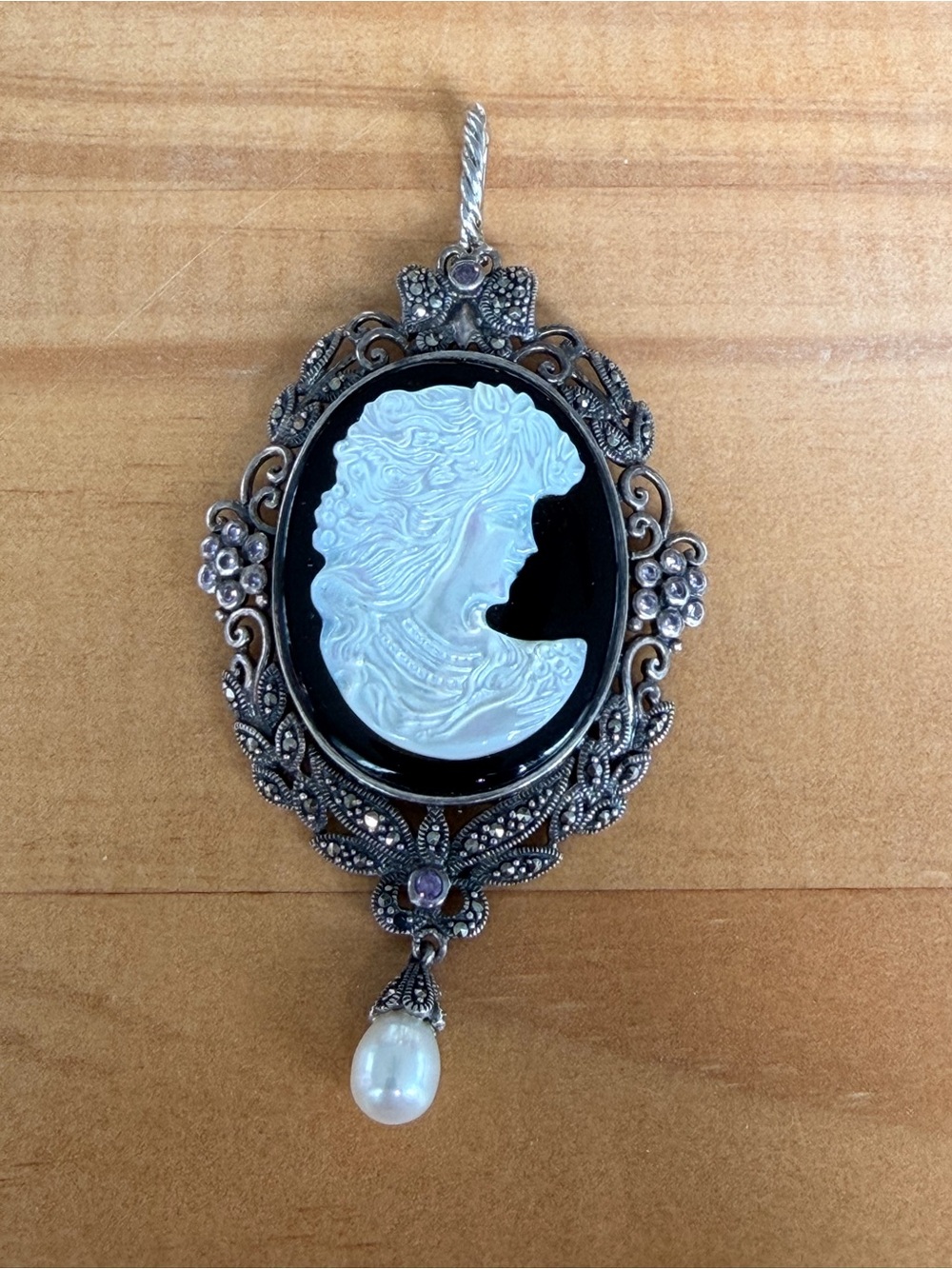 Vintage Art Deco Sterling Silver Marcasite MOP Black Onyx Cameo Brooch Pendant